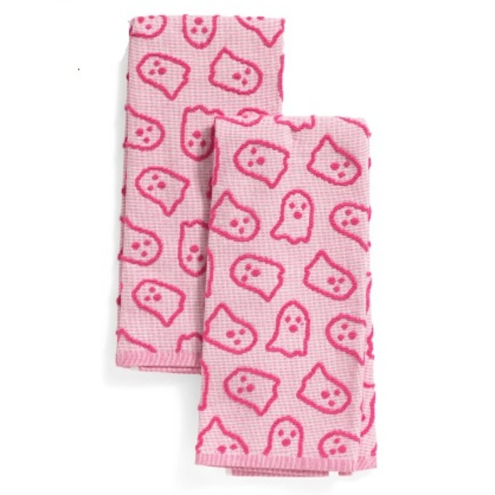 Cupcakes & Cashmere Pink Jacquard Ghost Halloween Dish Towel Set